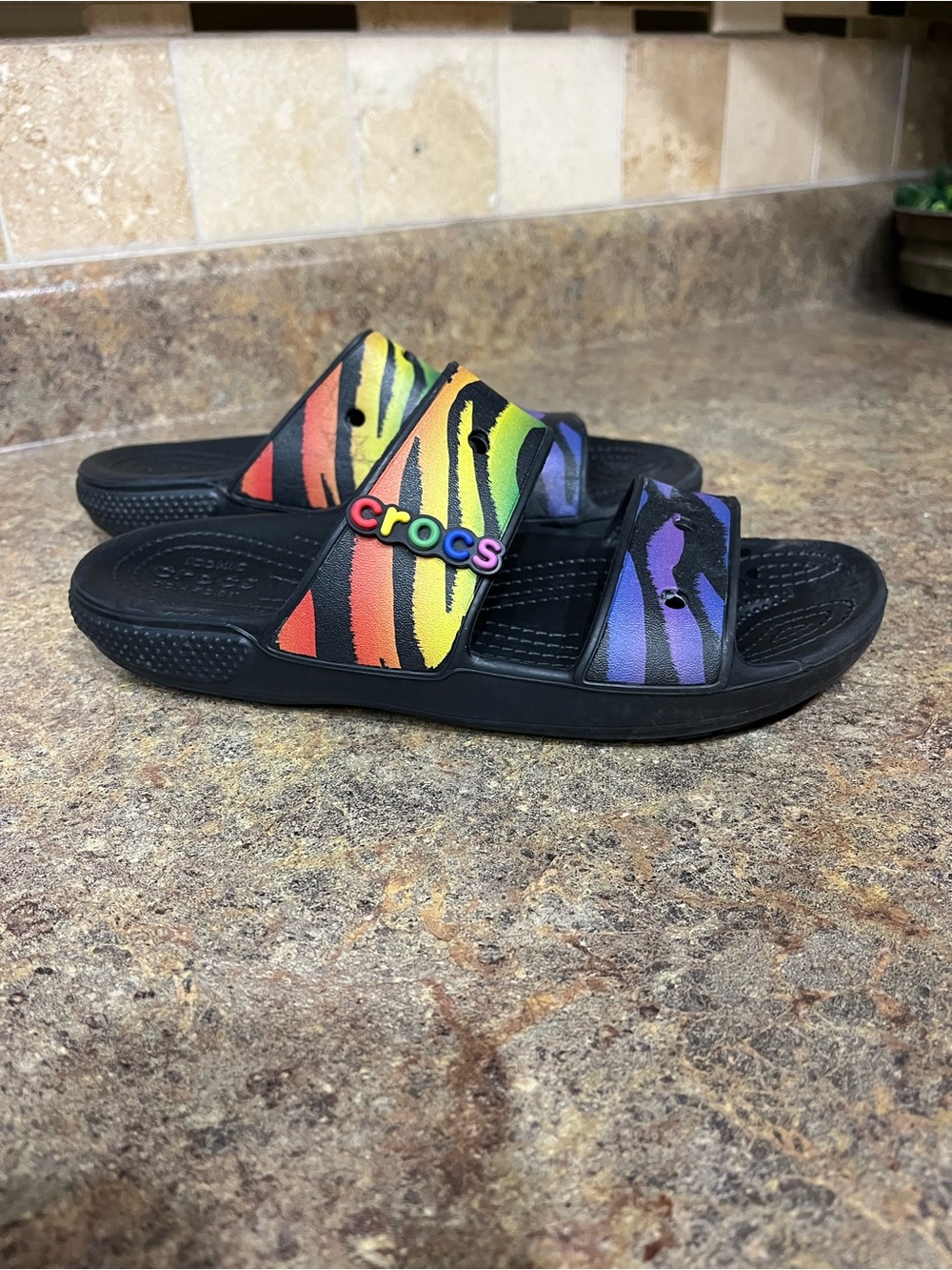 Crocs Women’s 7 Rainbow Zebra Two Strap Slides Black Multicolor